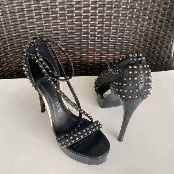 Burberry Woman's Black Open Toe Gunmetal Studded Stiletto Pumps - Picture 3 of 16